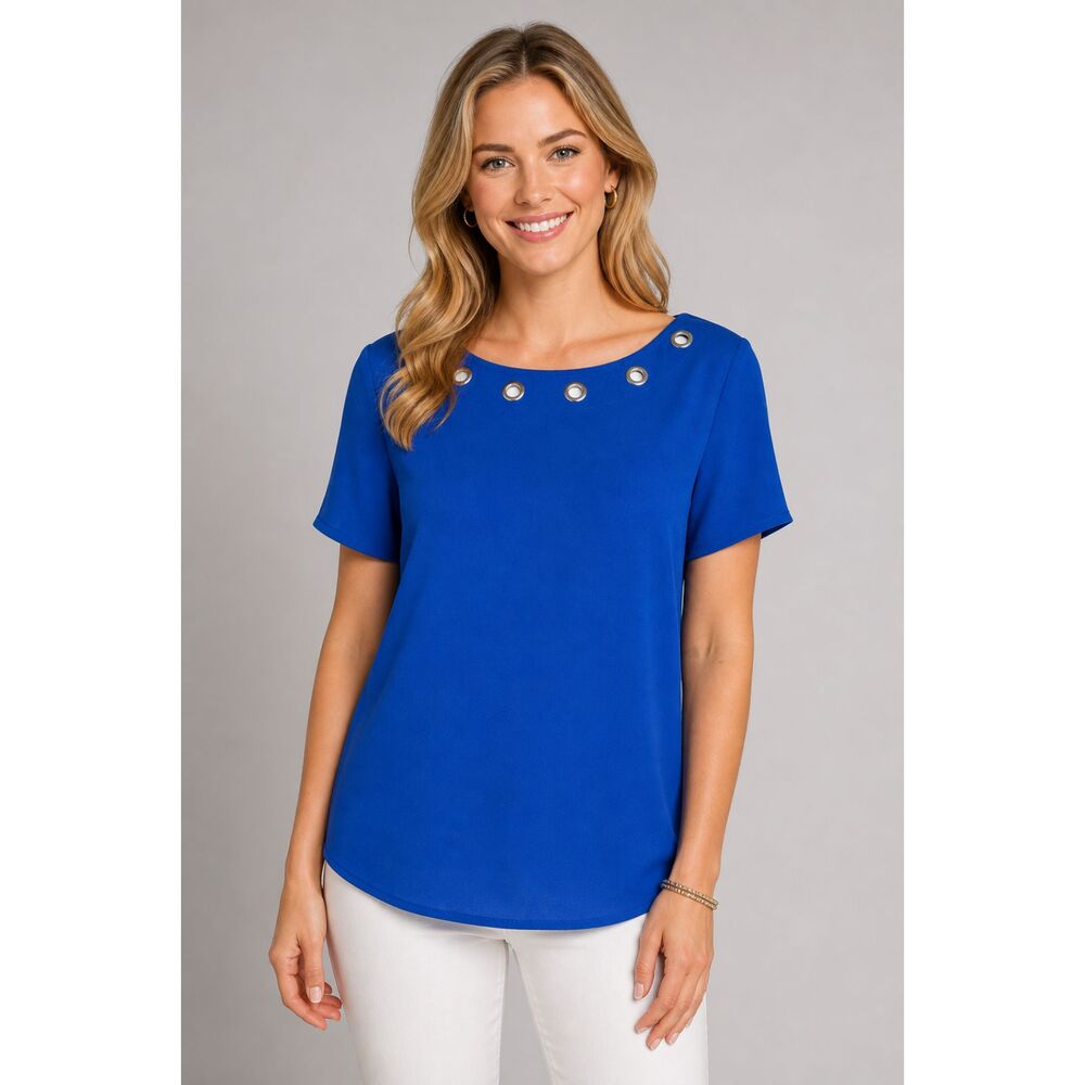 Cocomo Women's Blouse M/L Cobalt Blue Grommet Neckline Short Sleeve Minimalist